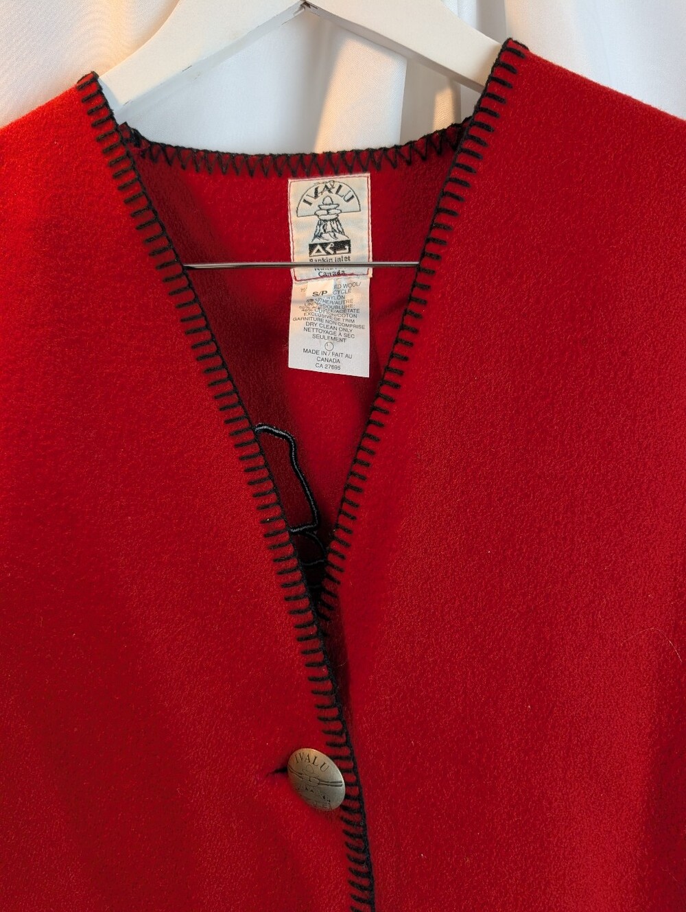 Vintage Ivalu Red Wool Vest Inuit Art Button | Made in Canada | Whipstitch Trim - Picture 2 of 9
